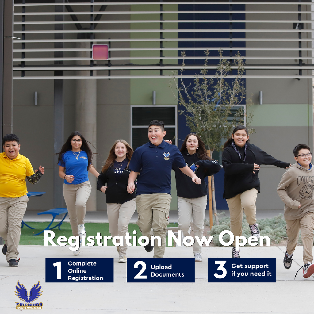 Photo of Murphree students smiling and running with text that says Registration Now Open 1 complete online registration 2 upload documents 3 Get support if you need it