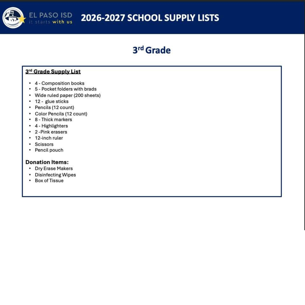 2026-27 school supply lists for 3rd grade. 4 composition books, 5 pocket folders with brads, wide ruled paper 200 sheets, 12 glue sticks, pencils 12 count, color pencils 12 count, 8 thick markers, 4 highlighters, 2 pink erasers, 12 inch ruler, scissors, and pencil pouch. Donation items: Dry erase markers, disinfecting wipes, and box of tissue