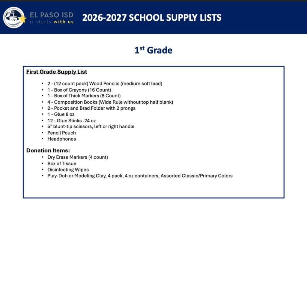 2026-27 school supply lists for 1st grade 2 - 12 count pack wood pencils medium soft lead, 1 box of crayons 16 count, 1 box of thick markers 8 count, 4 composition books wide rule without top half blank, 2 pocket and brad folder with 2 prongs, 1 glue 8 oz, 12 glue sticks ,24 oz, 5" blunt-tip scissors left or right handle, pencil pouch, headphones. Donation items: Dry Erase Markers 4 count, box of tissue, disinfecting wipes, play-doh or modeling clay 4 pack 4 oz containers assorted classic/primary colors