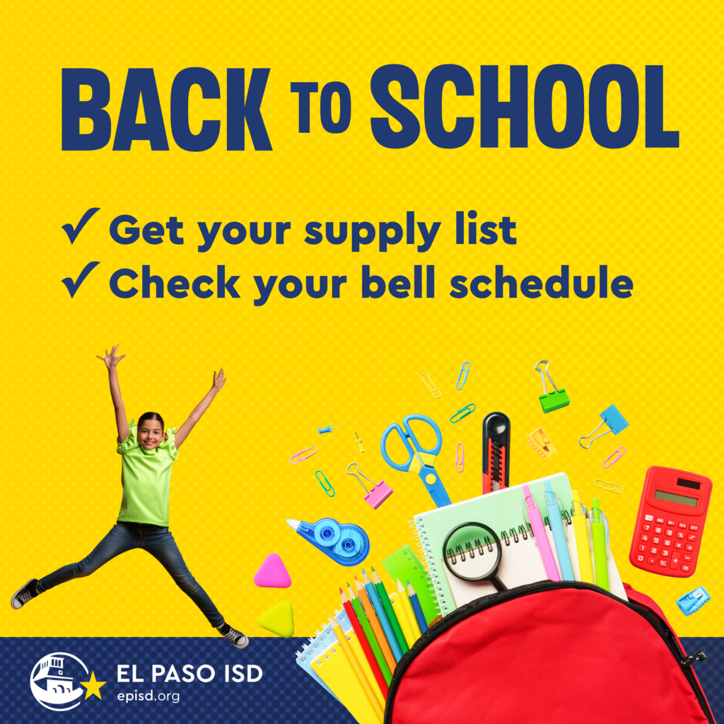 Graphic of kid jumping with school supplies with text that says Back to School Get your supply list Check your bell schedule