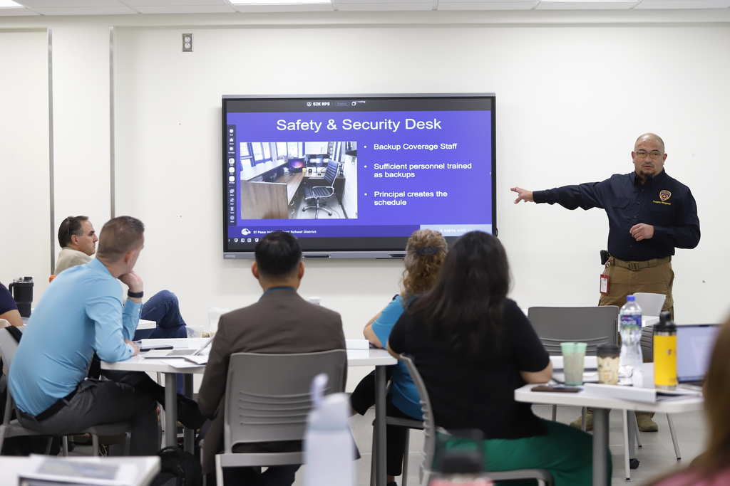 Presenter sharing safety information with campus and district leadership
