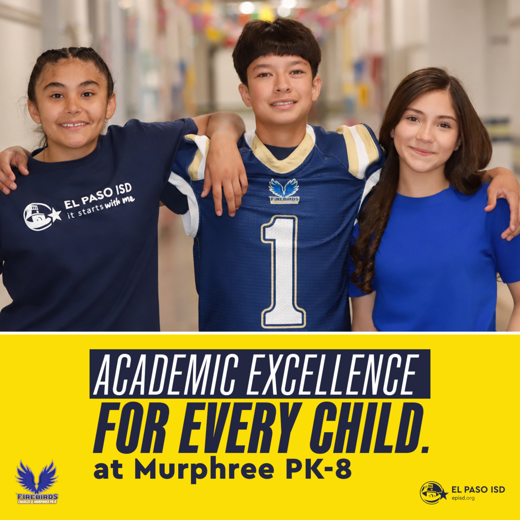 Photo of three Murphree PK-8 students smiling at camera with text that says Academic Excellence for every child at Murphree PK-8