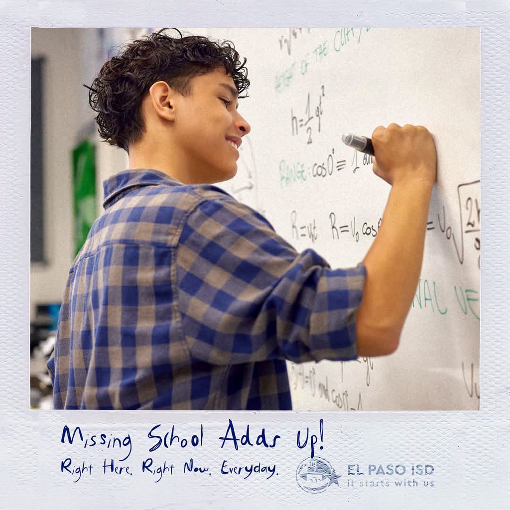 Polaroid with student working on assignment with text on polaroid that says Missing School Adds Ap! Right Here Right Now Everyday