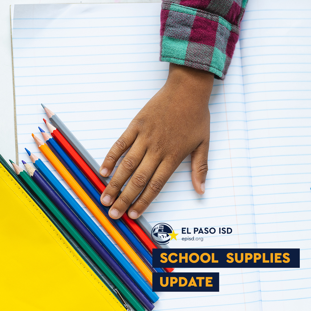 Photo of child's hand touching color pencils on sheet of paper with text that says school supplies update
