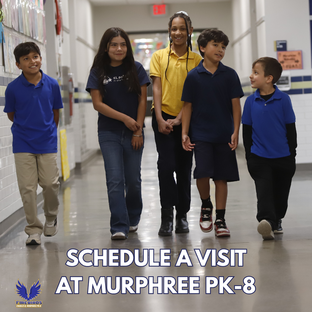 Photo of Murphree PK-8 students talking and walking down the hallway with text that says schedule a visit at Murphree PK-8