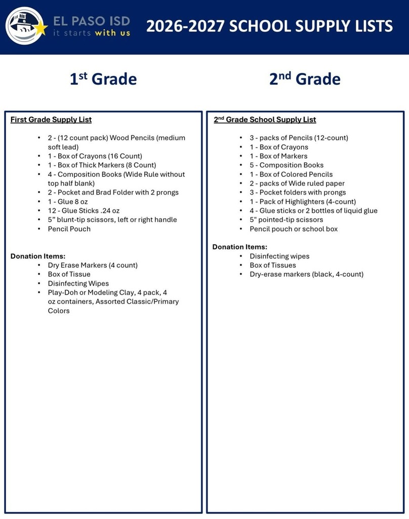 Supply List 1st & 2nd Grade 
