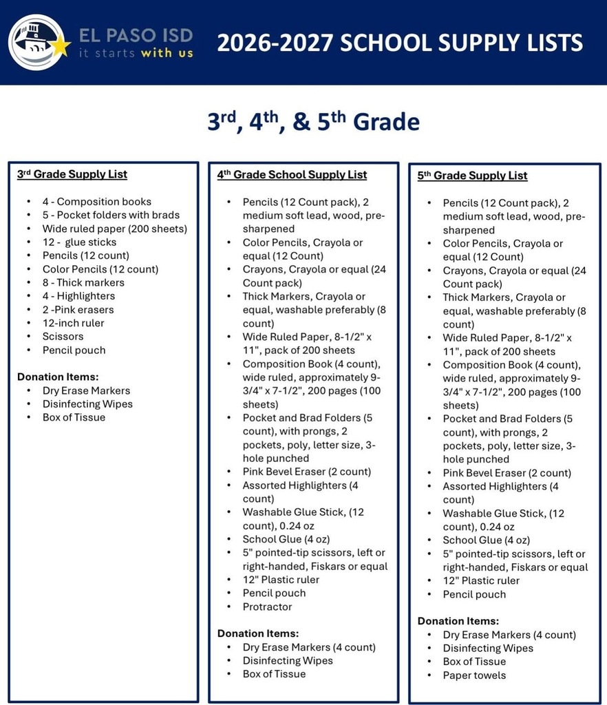 Supply List 3rd, 4th, 5th Grade
