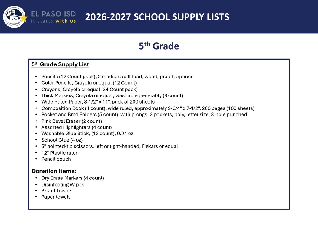 5th Grade supplies