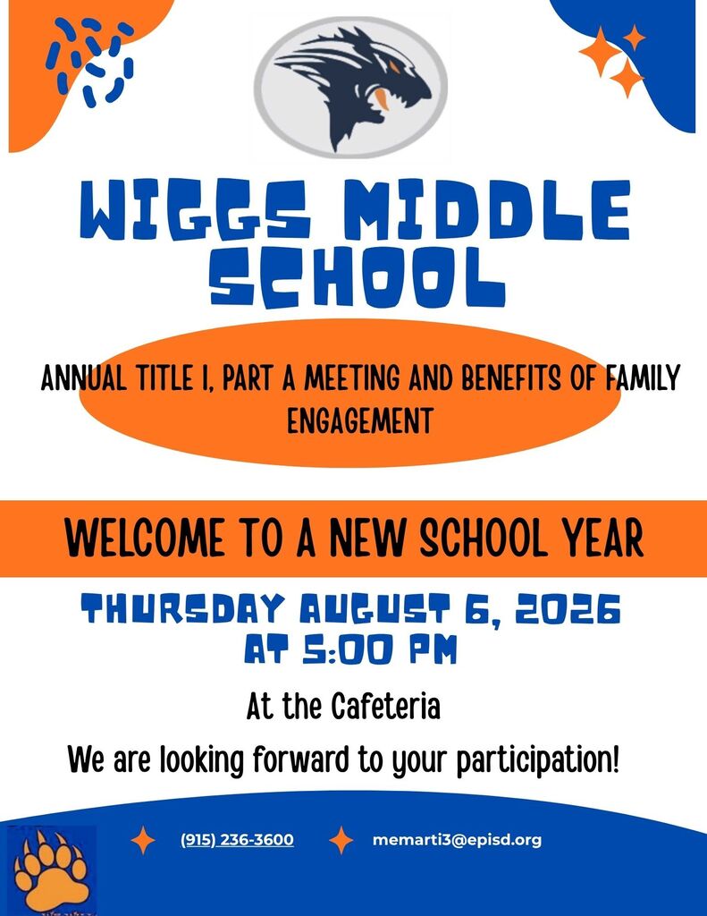 School flyer white, orange and blue inviting all parents to a meeting at Wiggs Middle School