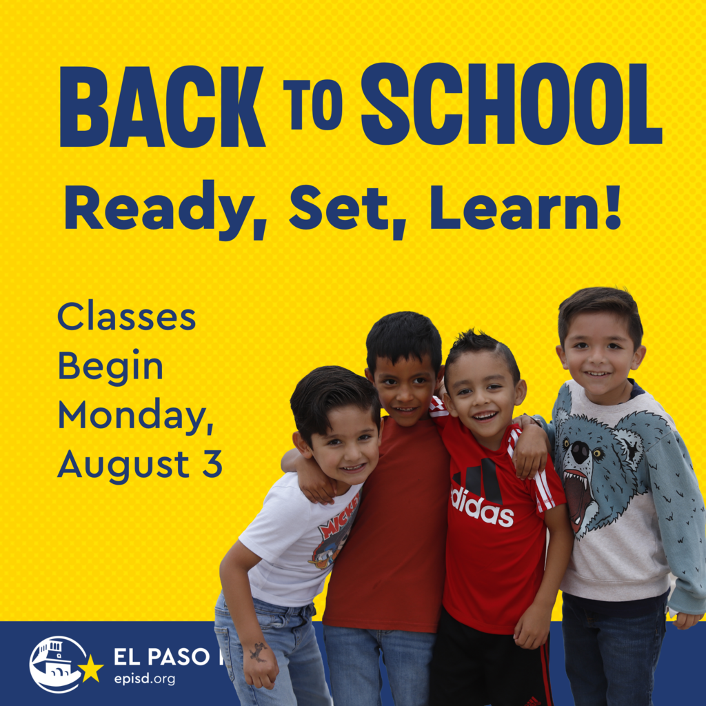 Graphic with kids smiling that says Back to School Ready, Set, Learn! Classes Begin Monday, August 3