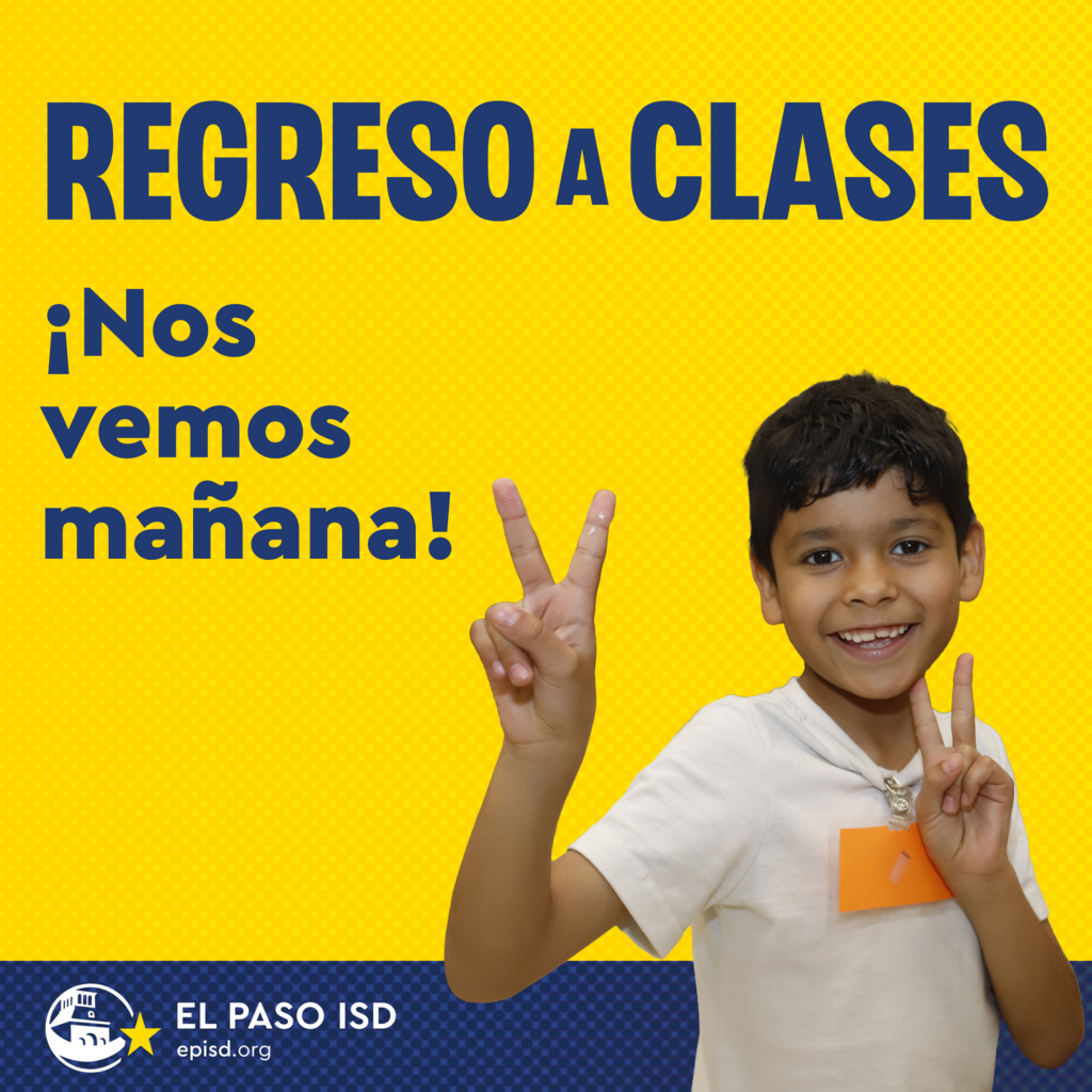 Graphic with kid smiling doing peace signs with text that says  in spanish regreso a clases nos vemos manana!