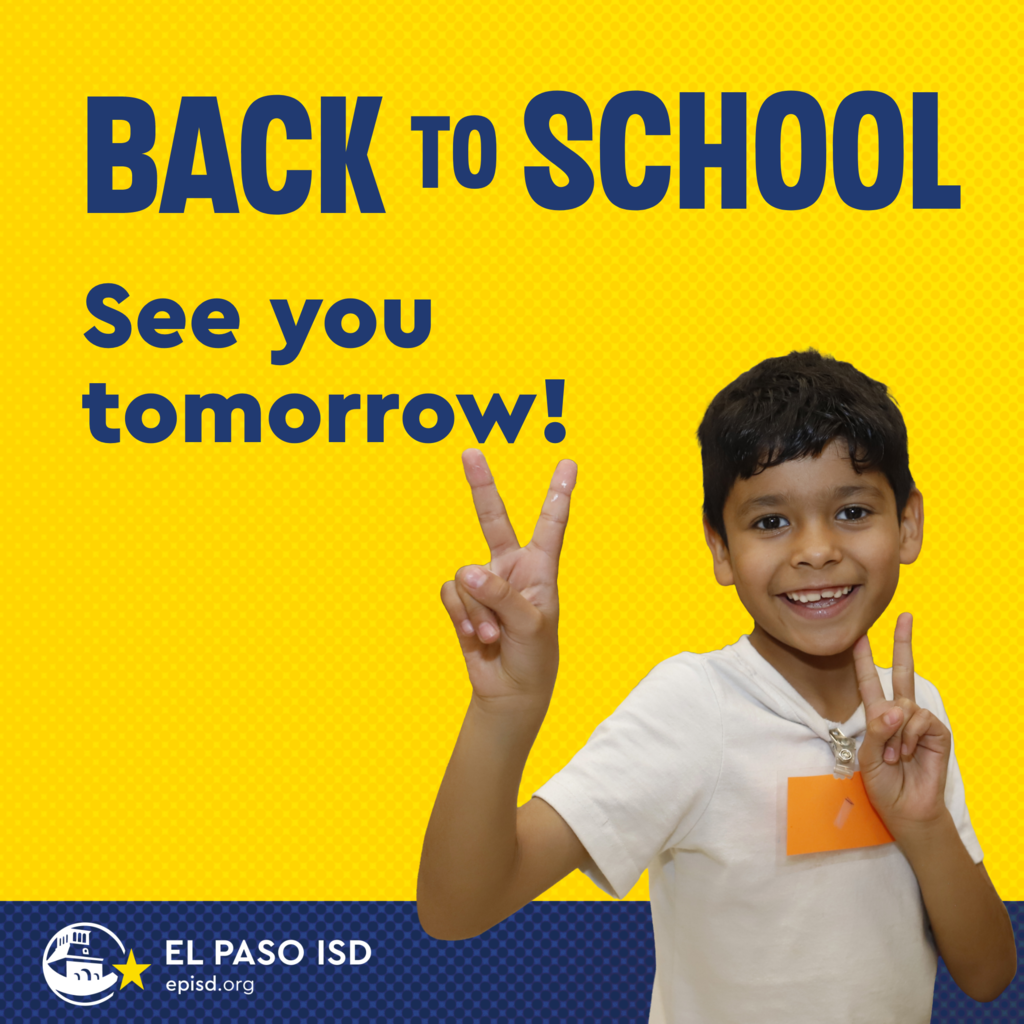 Graphic with kid smiling doing peace signs with text that says back to school See You Tomorrow!