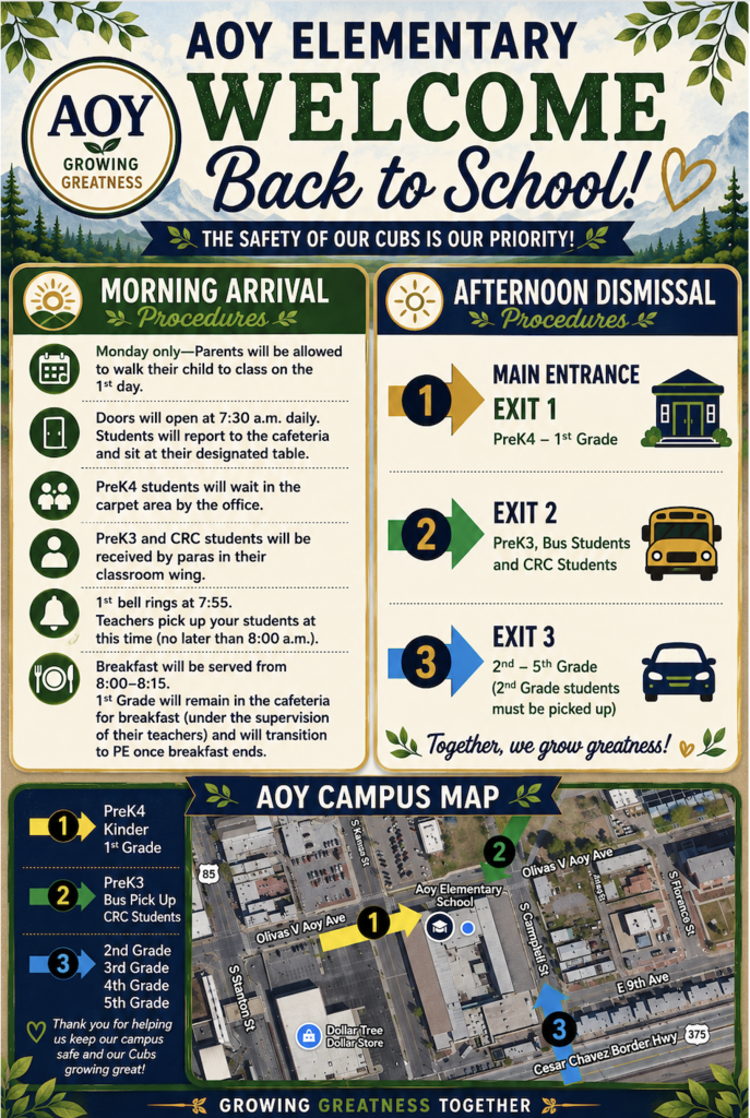 An AOY Elementary School informational poster for Back to School. It includes arrival and dismissal procedures, campus map, and school bus stops.