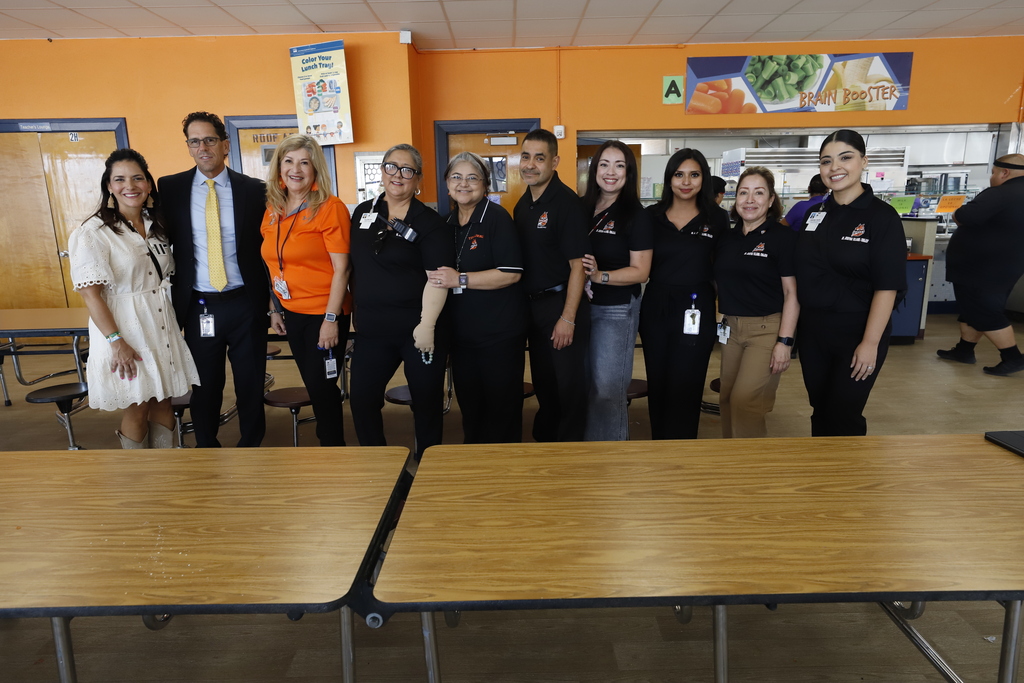 Tinajero PK-8 staff and principal take a group photo with Superintendent Dr. Lusk