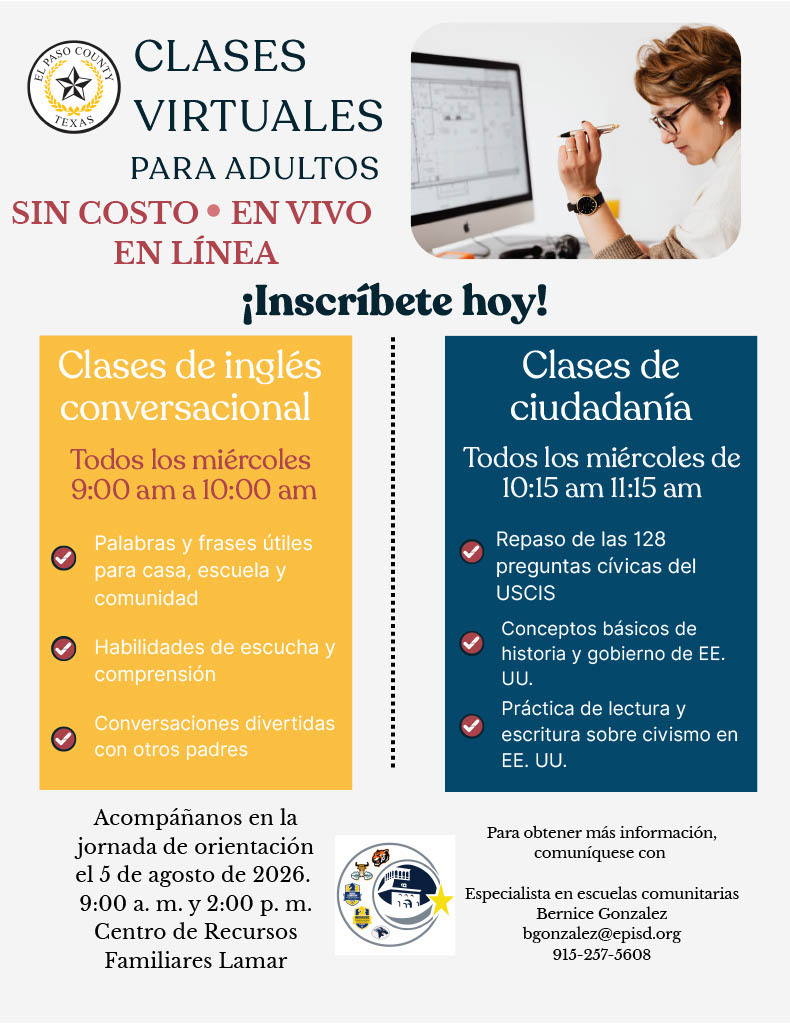 Flyer promoting citizenship classes and conversational English. A person is taking the class via computer. Hosted by El Paso County