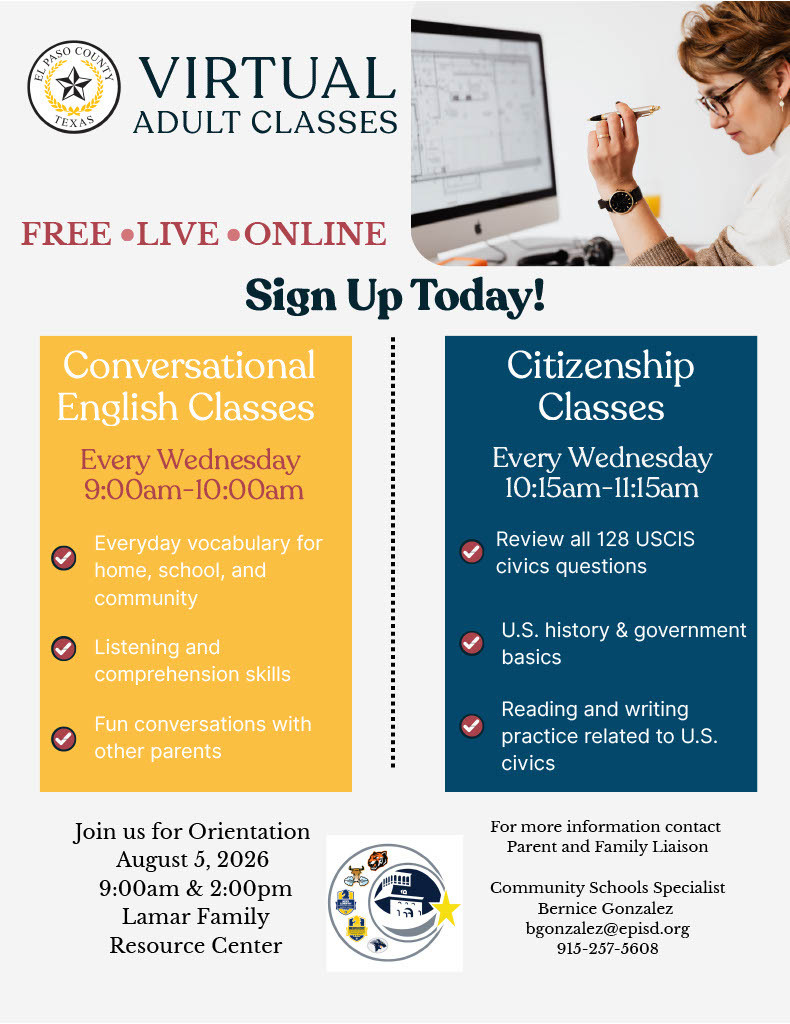 Flyer promoting citizenship classes and conversational English. A person is taking the class via computer. Hosted by El Paso County