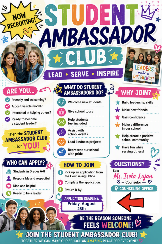student ambassador invitation for 6th-8th grade