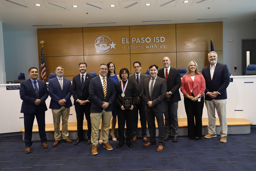 El Paso ISD Board of Trustees and Superintendent Dr. Brian Lusk were proud to recognize Andress High School student Abel Castanon for earning the prestigious Outstanding Performer Award at the UIL Texas State Solo-Ensemble Contest. This honor is among the highest individual recognitions for student musicians in Texas. In addition to this honor, he maintains a 4.368 GPA, is a member of the Andress P-TECH program, and recently represented his campus at the National History Day competition at the Smithsonian. 
