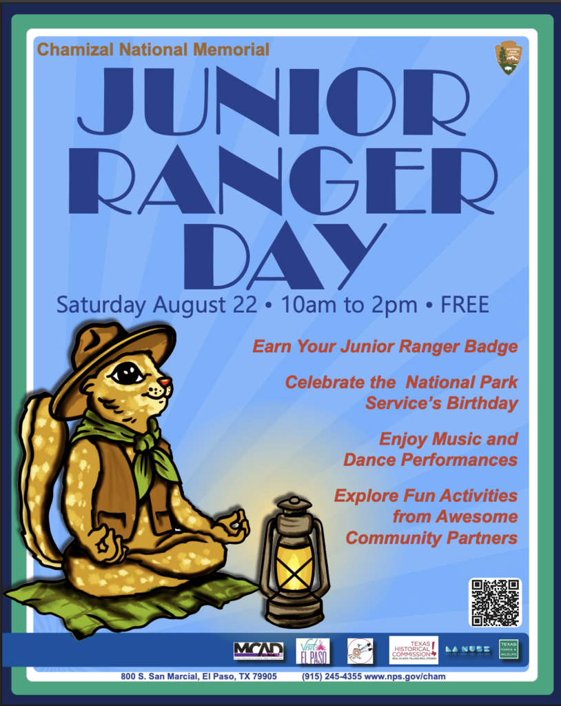 A poster with a squirrel in a hat and scarf sits by a lantern. Text reads "Junior Ranger Day".