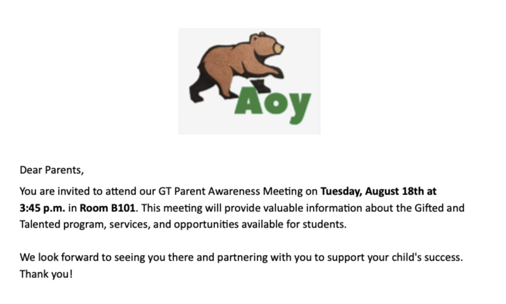 A document with a brown bear logo reading "Aoy" invites parents to attend a GT Parent Awareness Meeting on August 18th at 3:45 PM in Room 8381.