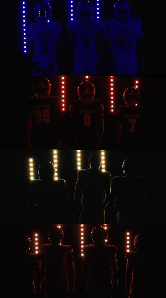 four dark photos of football player silhouettes standing in front of neon lights