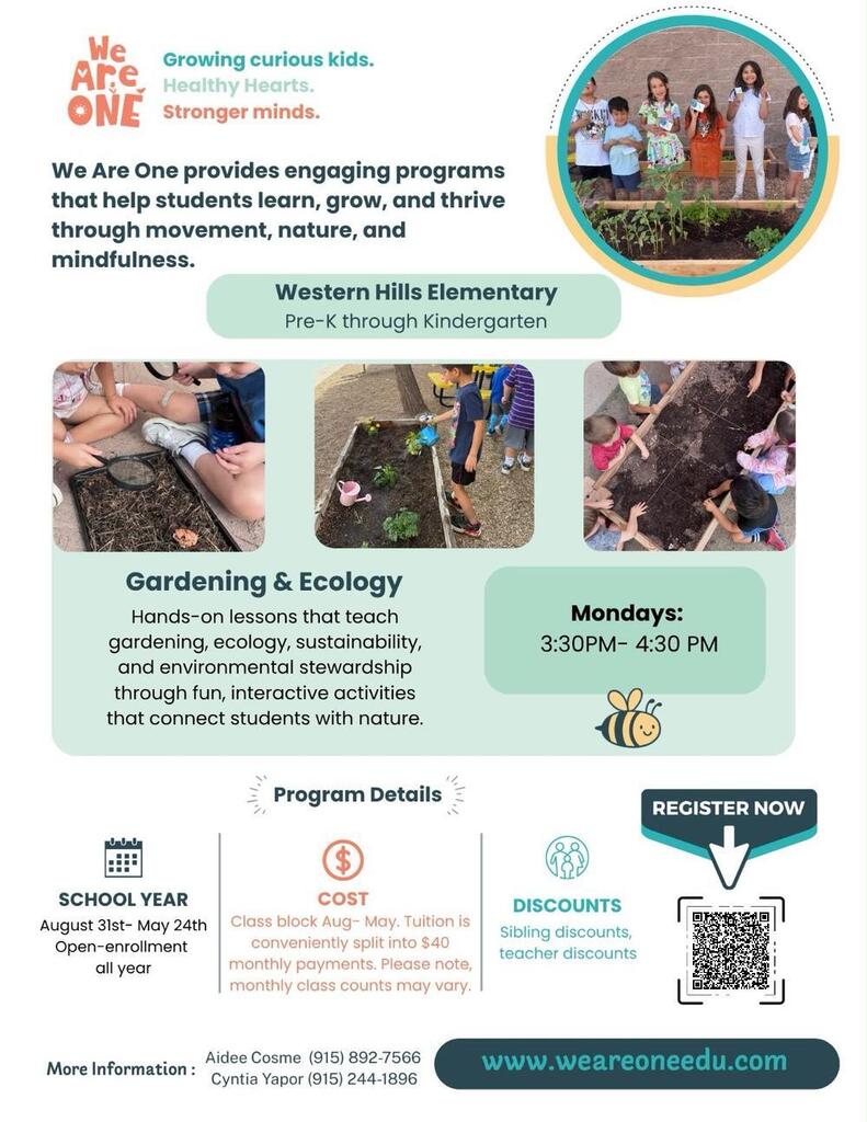 An advertisement for gardening and ecology at Western Hills Elementary. It shows children gardening.