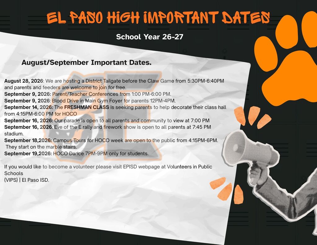 Information flyer with important dates of events happening in El Paso High.