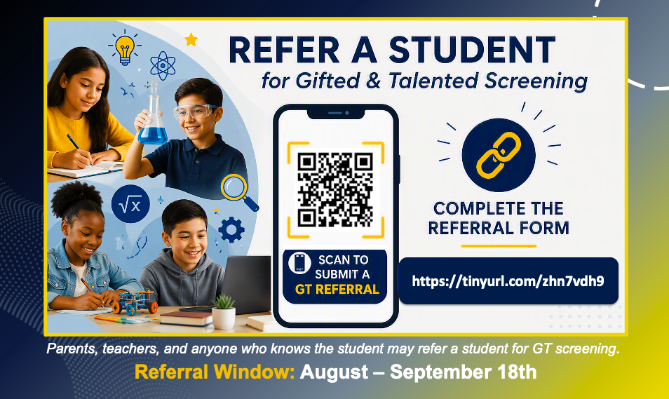 An ad for gifted and talented screening shows four children and a QR code. A phone is on the right.