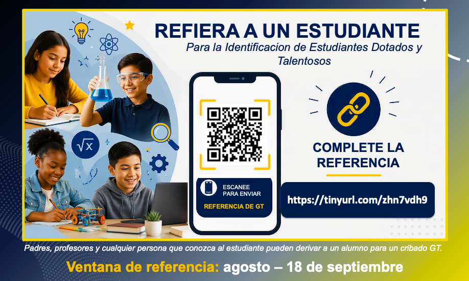 Four children in a classroom, a smartphone with a QR code, and a website link to complete a reference.