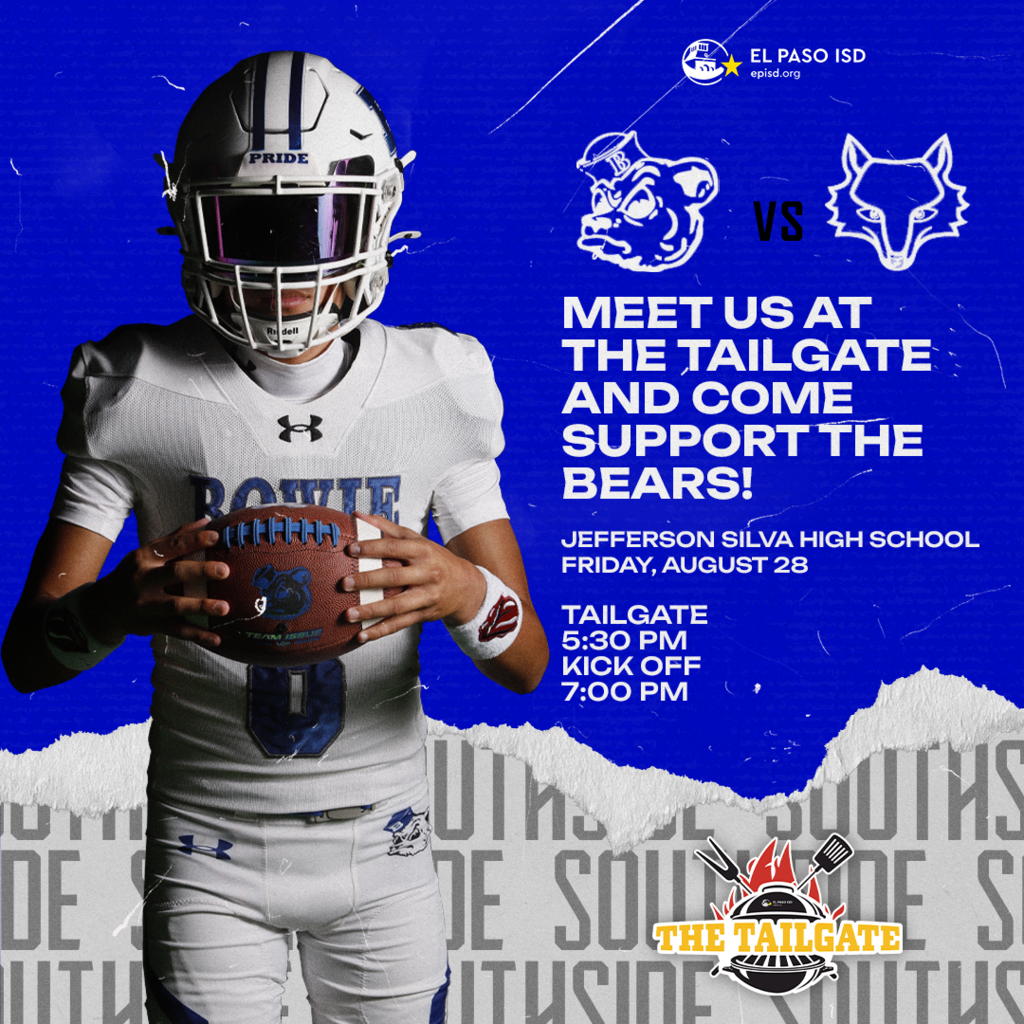Football player in blue and white uniform holds ball. Text reads "Meet us at the tailgate and come support the Bears!"