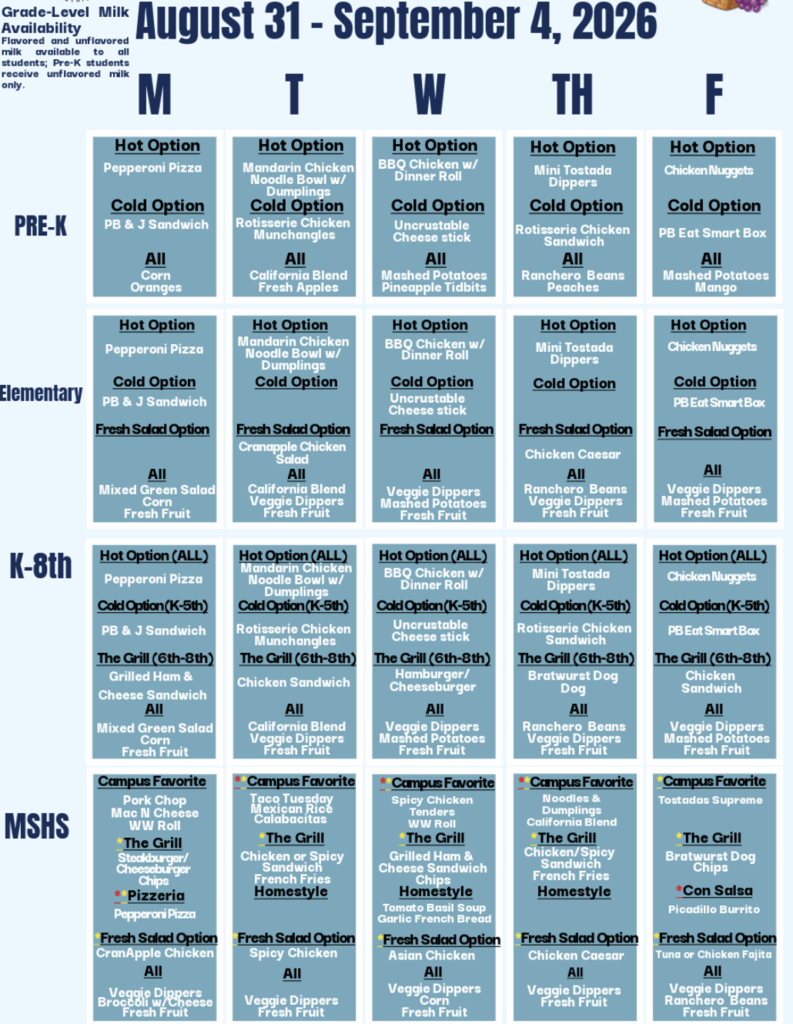 Menus for wk 8.31.26