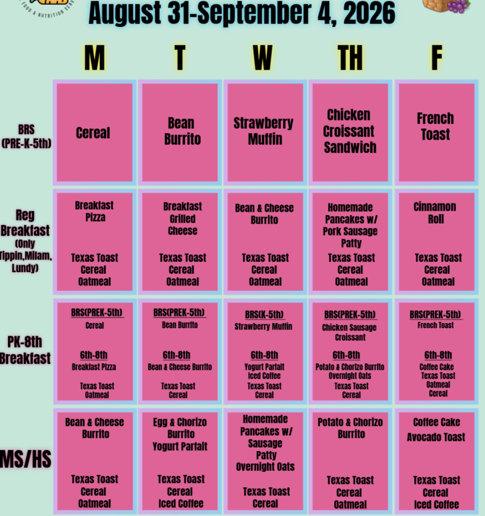 menu for wk 8.31.26
