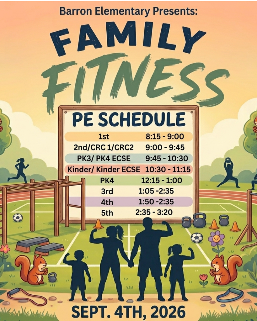A fitness event for families, scheduled for September 4, 2026, with various physical education activities and times listed.
