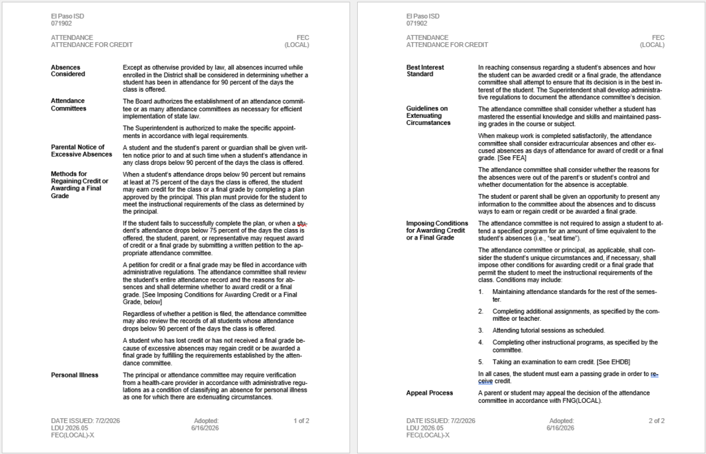 Document from EPISD explaining attendance policy