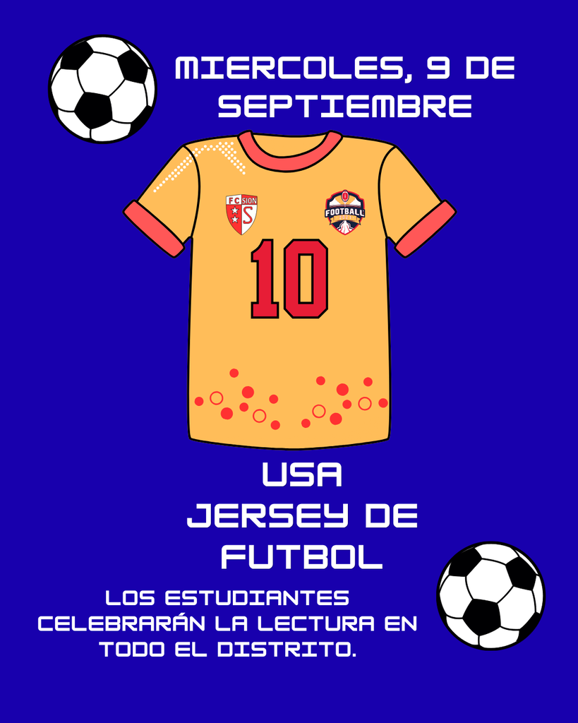 Blue background with a yellow soccer jersey featuring number 10 and two soccer balls. Text reads "Miércoles, 9 de Septiembre" and "USA Jersey de Futbol."