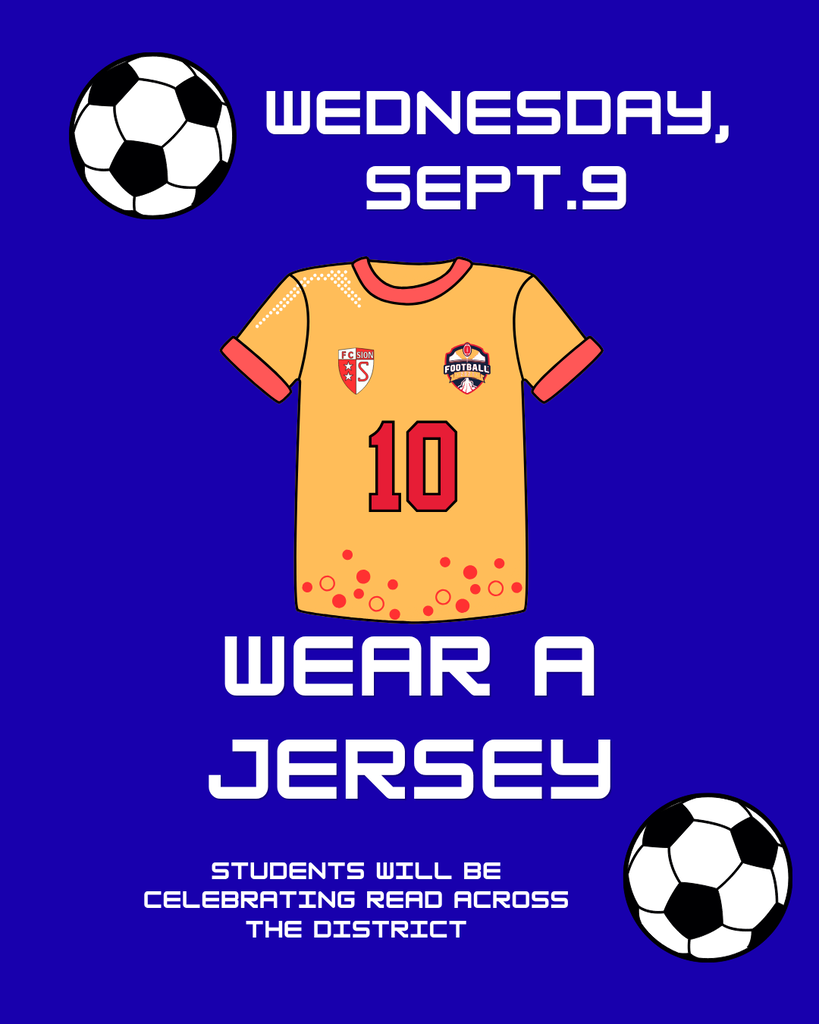 An advertisement poster featuring a blue background with a soccer jersey numbered 10 and two soccer balls. The text reads "WEDNESDAY, SEPT.9 WEAR A JERSEY."