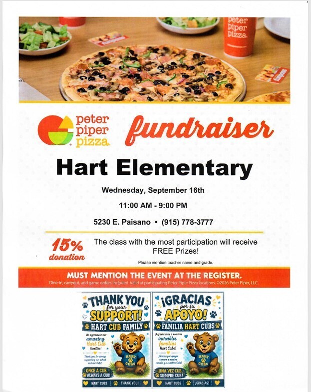 An advertisement for a fundraiser event at Hart Elementary. The flyer includes an image of a pizza, food, and a table.