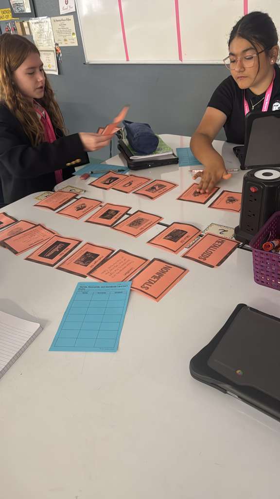 Two girls seated at a table with multiple orange cards, a blue folder, and a basket. A whiteboard is in the background.