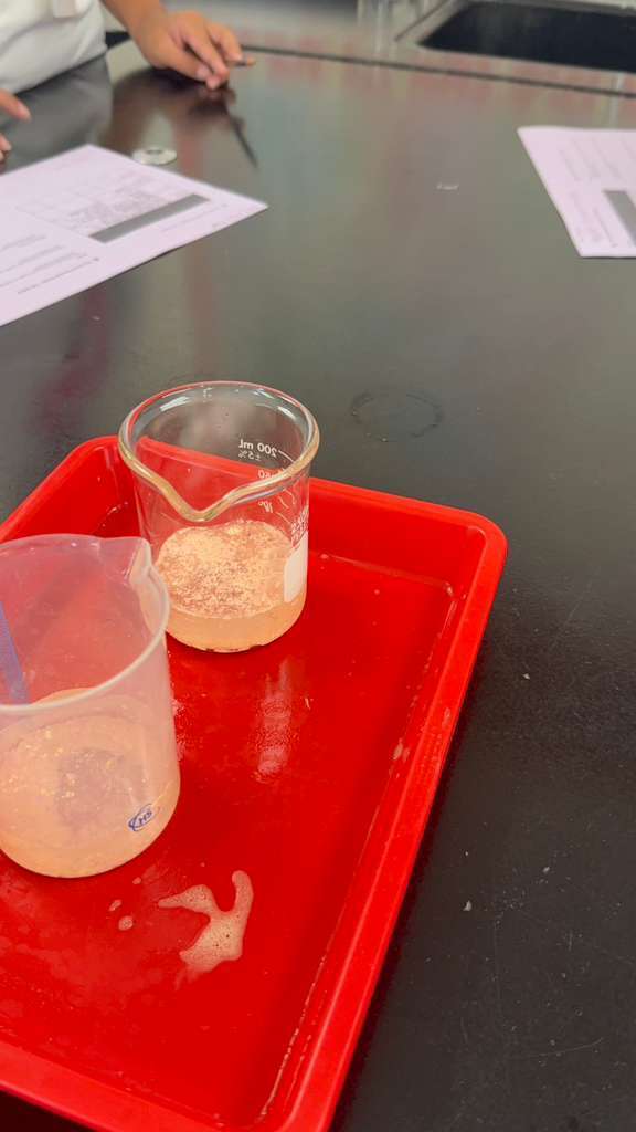 A tray holds two small clear beakers with a liquid, one with a small spoon. Papers are on the table.