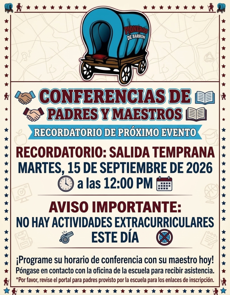An announcement poster featuring a wagon with text in bold blue and white. Key information includes date, time, and an important notice about no extracurricular activities.