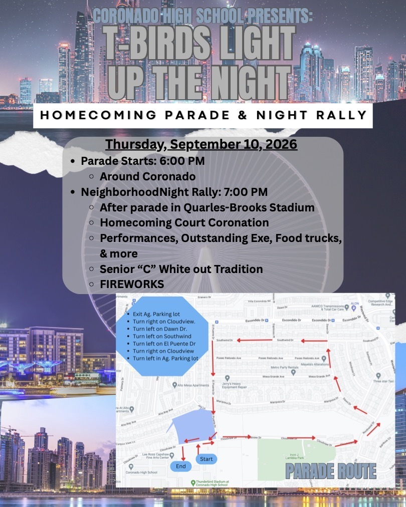 An event flyer for the T-Birds Light Up the Night Homecoming Parade & Night Rally. Includes details for parade start, location, and route map.