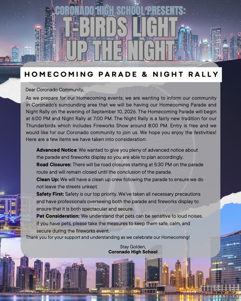 An announcement for Coronado High School's Homecoming Parade & Night Rally. The flyer has a black border with text on a white background.