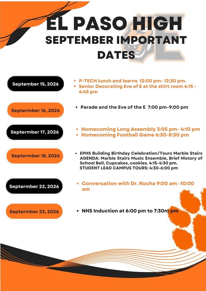 Orange and Black flyer with important dates for the month of September