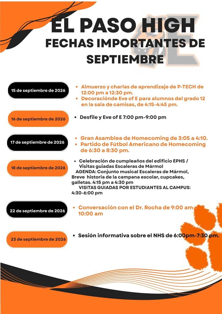 Orange and black flyer with important dates for the month of Septem