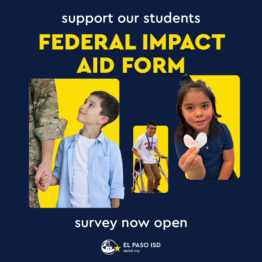 navy blue graphic with photos of child holding hand of military individual, special education student, and child holding up a paper heart with text that says support our students Federal Impact Aid Form survey now open