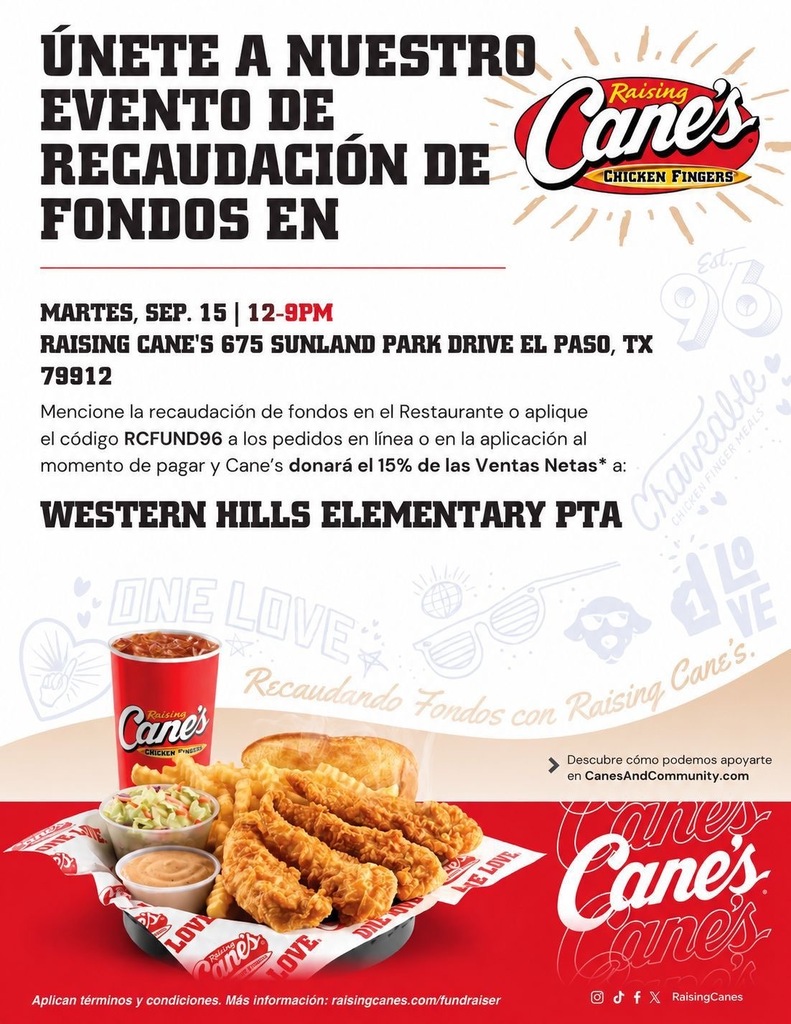 Flyer with bold text and a picture of fried chicken, sauces, and a drink. The text reads "Cane's Raising Cane's" and the event details are listed below.