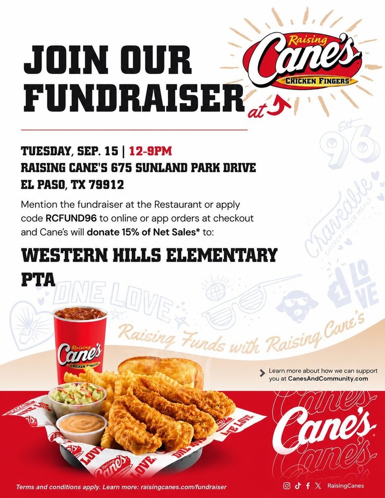 An advertisement for a restaurant fundraiser. It features a chicken finger meal, a drink, and a bowl of coleslaw.