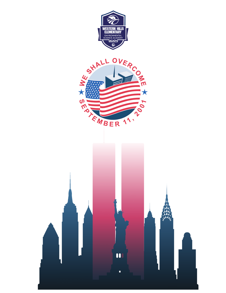 Artwork featuring a blue and white emblem, silhouette of the Statue of Liberty, and Twin Towers, set against a city skyline.