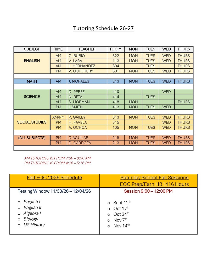 Tutoring Schedule