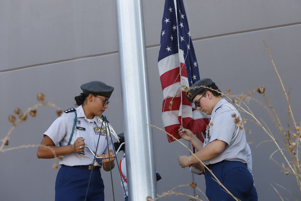 Jefferson Silva High School JROTC cadets raising the flag at El Paso ISD Administration Building